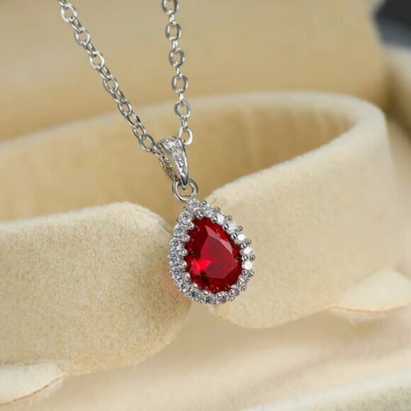 NEW 14k White Gold Ruby Diamond Necklace Tear Drop Pear Cut Pendant - Picture 1 of 5